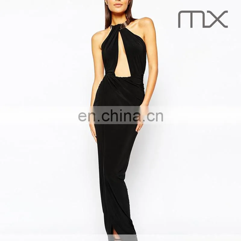 Club fishtail maxi dres full length party dress female sexy night dress sexy spandex club dress with metal necklace