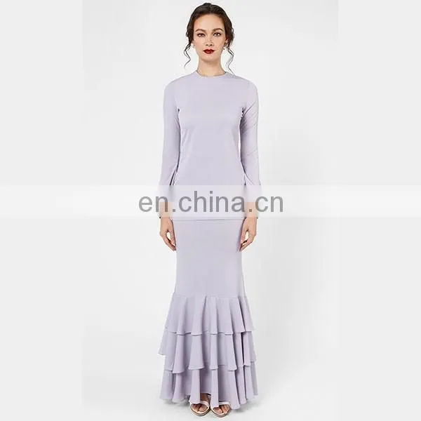 Elegant purple baju kurung modern ruffle design bell sleeve muslim dress