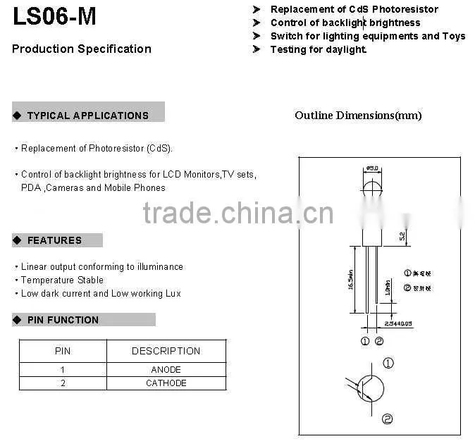 Light sensor replacement of Cds RoHS compliant Pb-free Cd-free