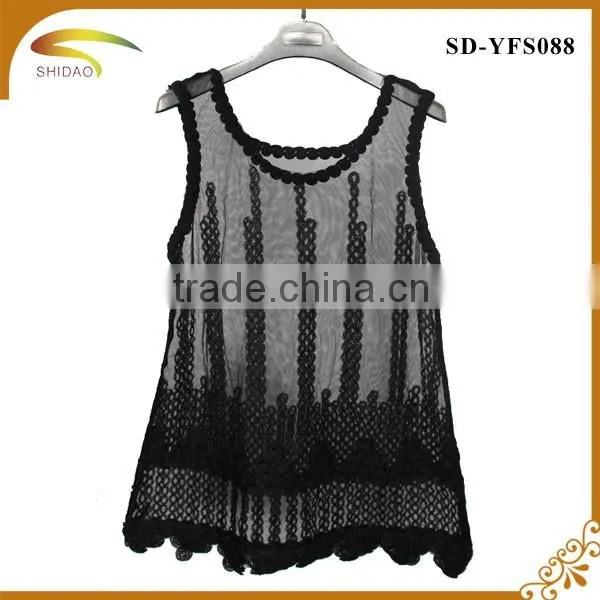 Latest summer loose casual fashion crochet lace blouse embroidered Lace sleeveless women tops blouse