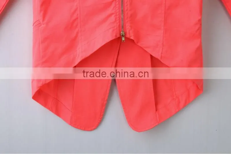 fashion spring neon color ladies'casual tail suit,fashion ladies'jacket with pearl on shoulder and accessory zipper on back