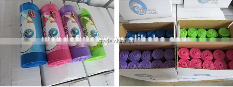 HDPE plastic blue drawstring trash bag on roll