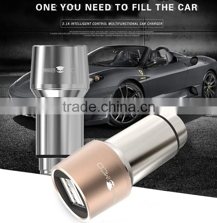 universal promotional high quality metal car quick charger with dual 2 cable usb