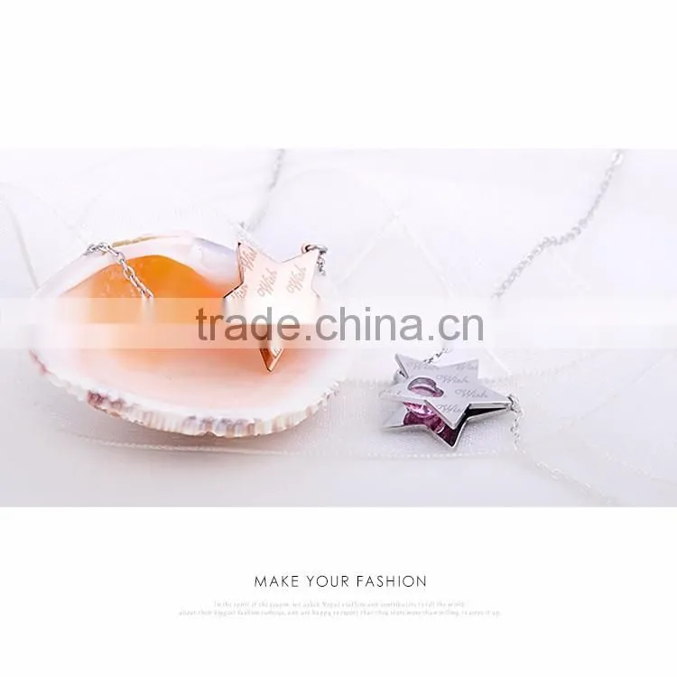 Shiny Stainless Steel Necklace with Star Engraved Charms and CZ Stone