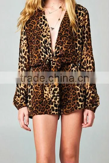 2014 Long loose sleeve print pattern casual wrap ruffle romper jumpsuit for American street women