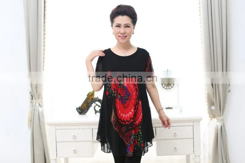 Elegant lace formal short sleeve printed floral loose blouses for old ladies