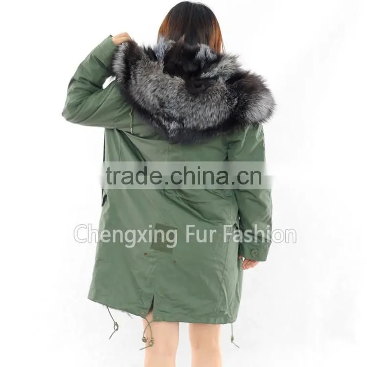 CX-G-P-04 Wholesale Winter Real Silver Fox Fur Lining Army Green Fur Parka Coat