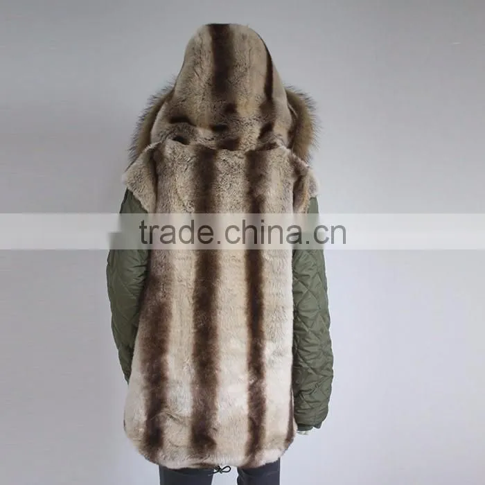 Myfur European Fashion Adults Fur Parka With Faux Fur Lining Real Raccoon Fur Hooded
