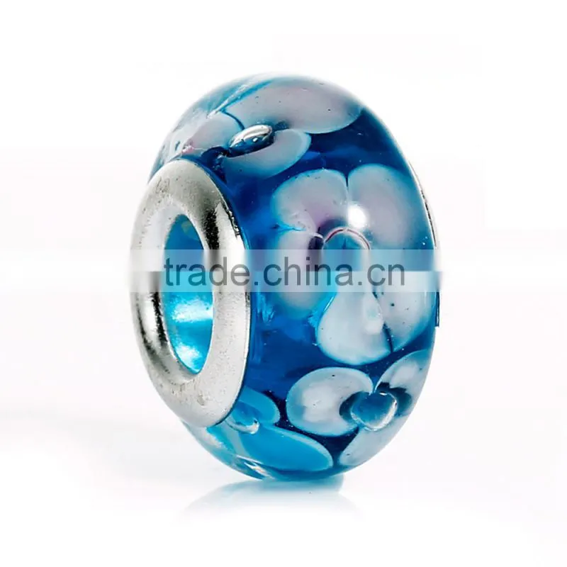 Round Silver Plated Core Flower Pattern Blue Transparent Lampwork Glass European Style Large Hole Charm Beads