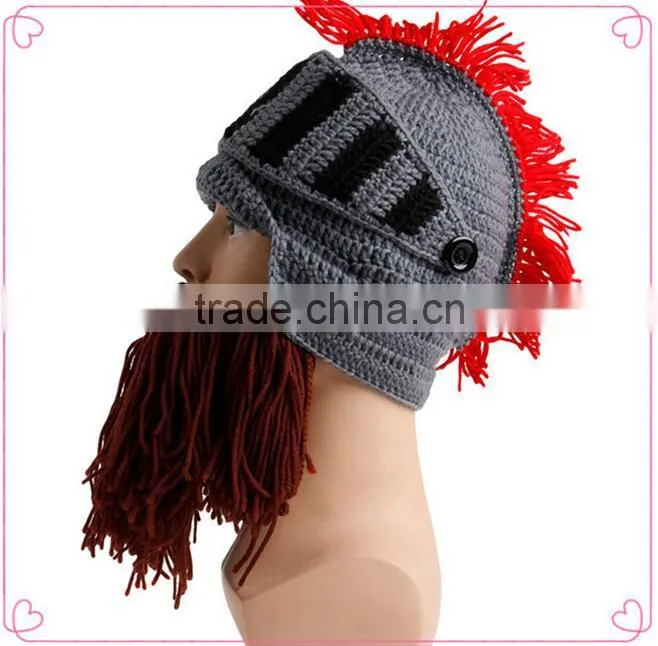 Crochet Roman knight Helmet Hat Handmade Knitted Warm Hat With Beard Costume Hat