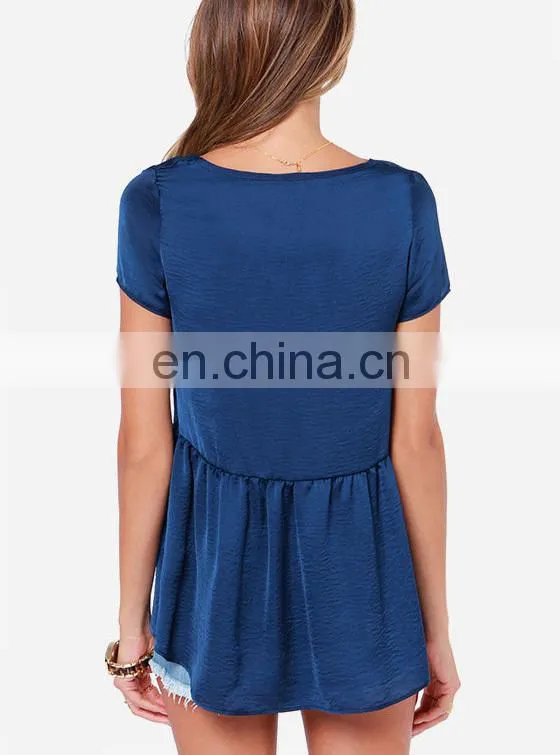 CHEFON Short sleeve fluttering hem soft satin ladies blouse ladies top fashion blouse