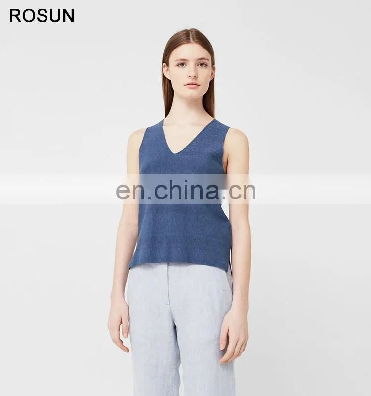 100% cotton knit top for Women as Sleeveless V Neck Sweater of plain clothing
