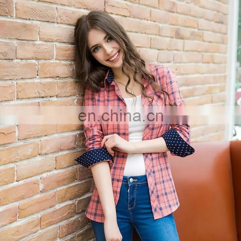 2017 latest design 100% cotton beautiful mixedcolor plaid t shirt blouse for young women