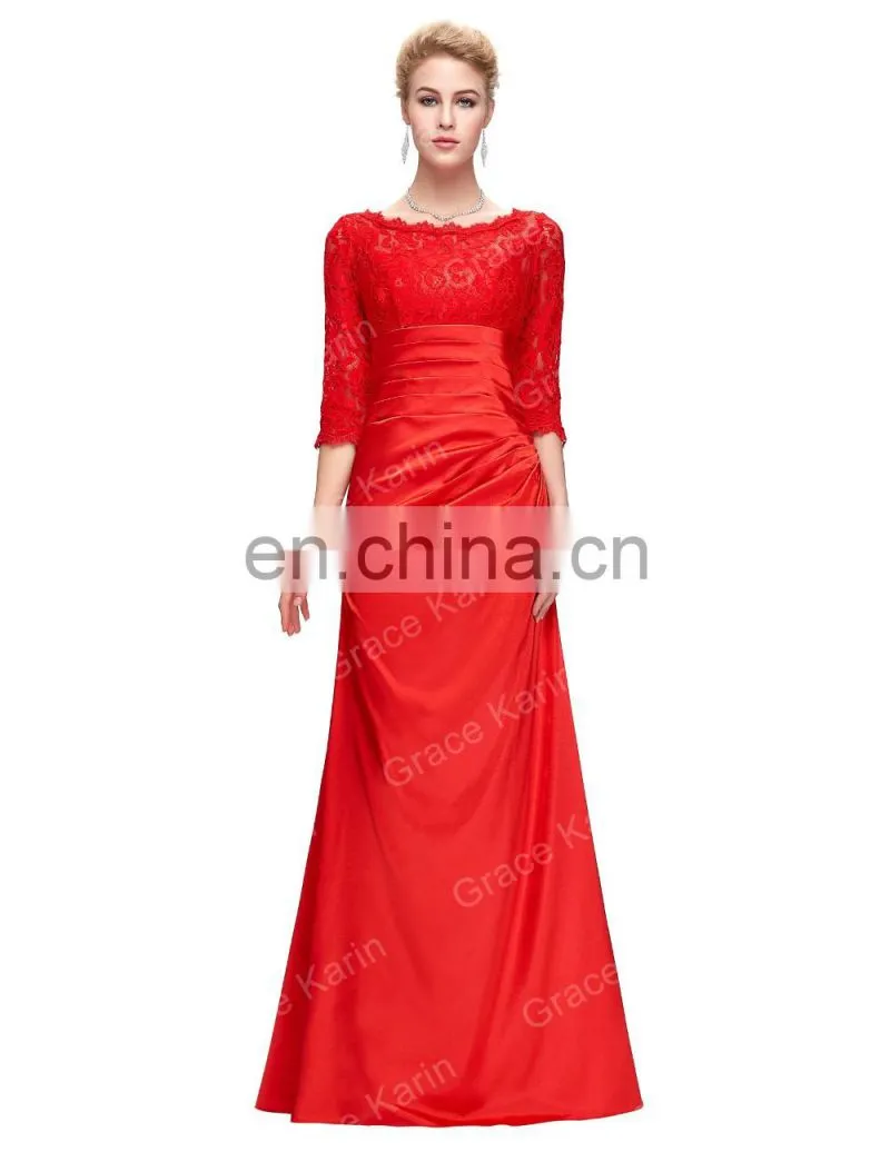 Grace Karin Elegant Long Sleeve Lace Evening Dresses Red CL4524-2