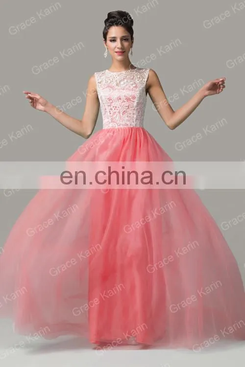 7 Colors Available Grace Karin Floor Length Formal Dress Elegant Sleeveless Watermelon Red Long Lace Prom Dresses 2016 CL6108-4#