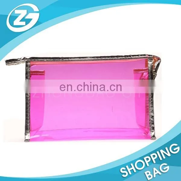 Water Proof PU Piping and Trim 0.3mm Clear PVC Zip Top Portable Cosmetic Bag for Promotion