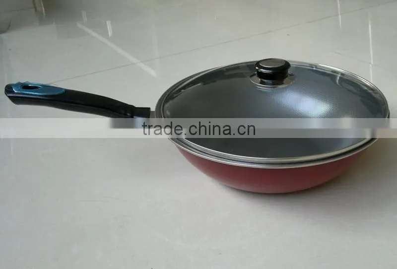 carbon steel non stick wok pan with glass lid and spoon
