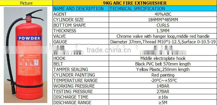 9kg abc dry powder Portable Fire Extinguishers with ISO,CE,EN3
