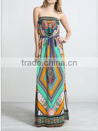 Glamorous geometric printed sleeveless bandeau long tube bangkok dress
