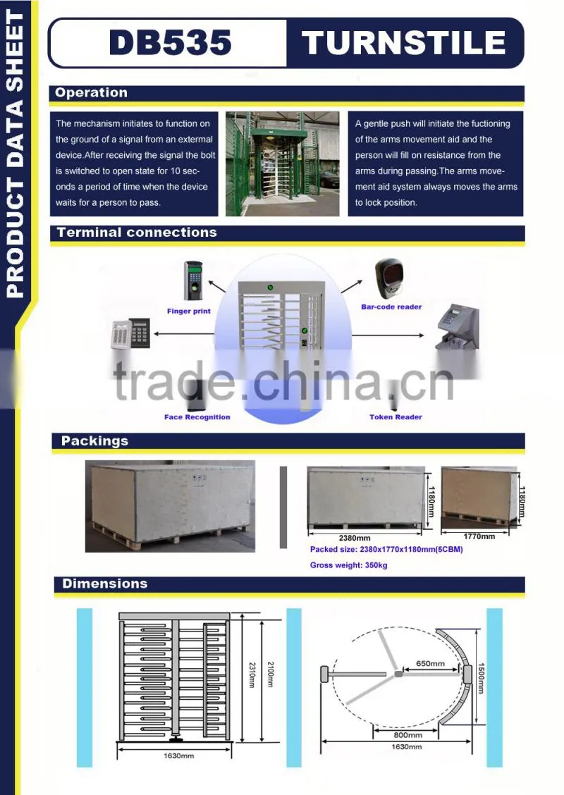 Fingerprint Reader Double Entrance Automatic Full Height Turnstile