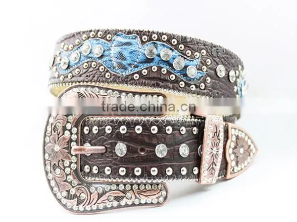 2015 Western Black Embossed Women Rhinestone Belts