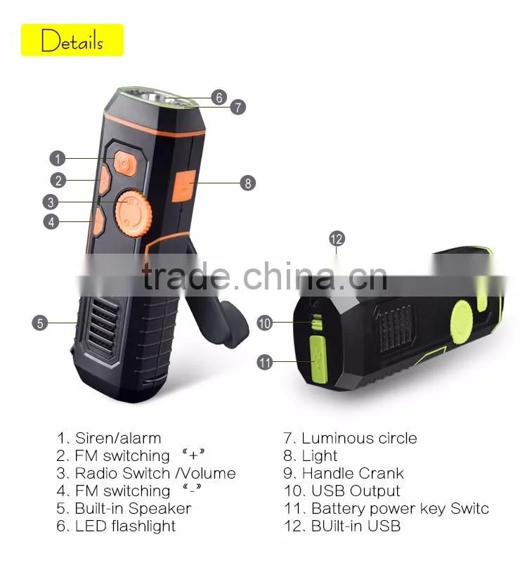 2016 New Arrival Easy operation Rechargeable Radio Hand Crank AM/FM Radio With Emergency LED Flashlight Torch for Outdoor