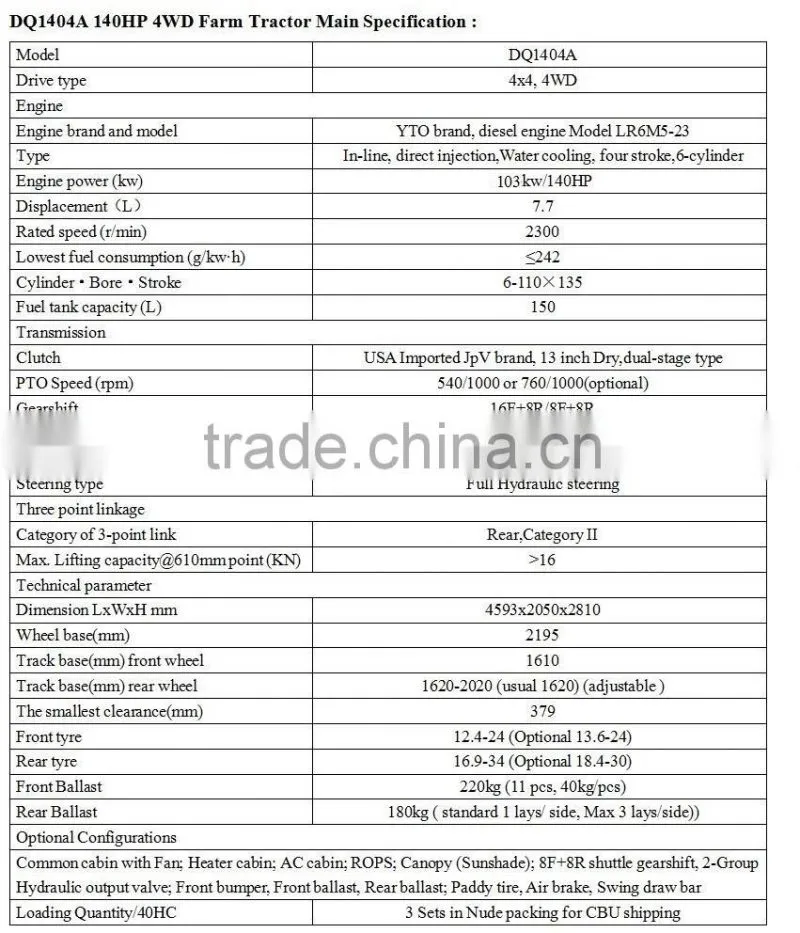 High quality DQ1404 YTO 140HP turbo engine Agricultural farming tractor for sale