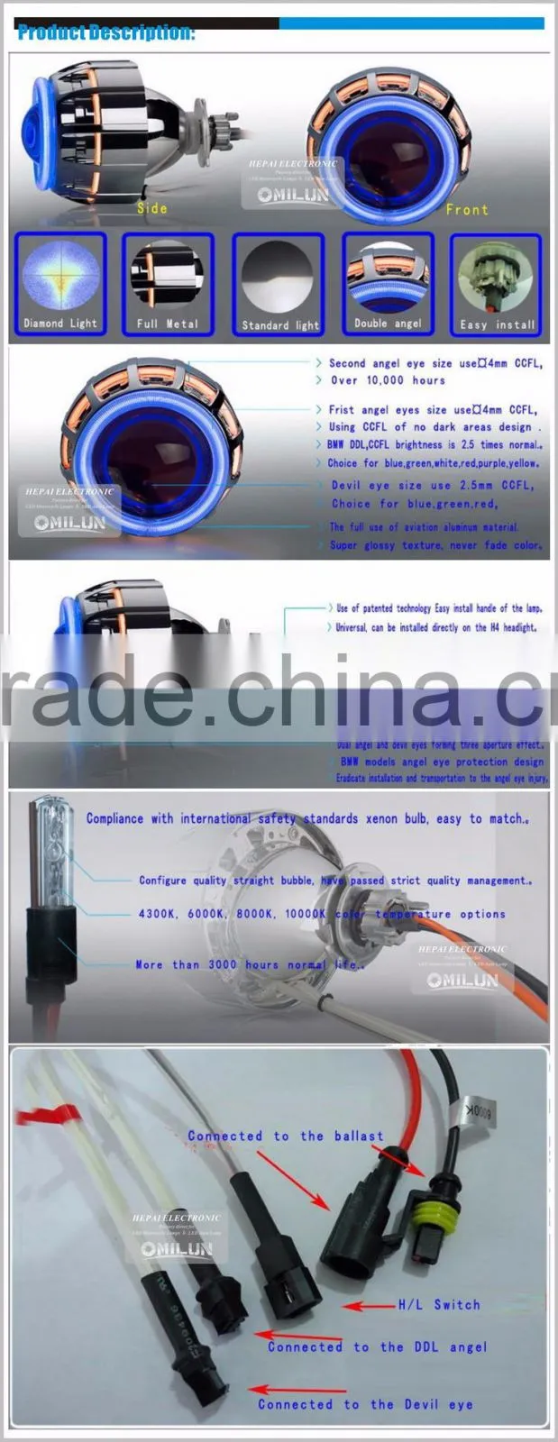 3 inch bi xenon HID Projector Lens with double angel halo ring