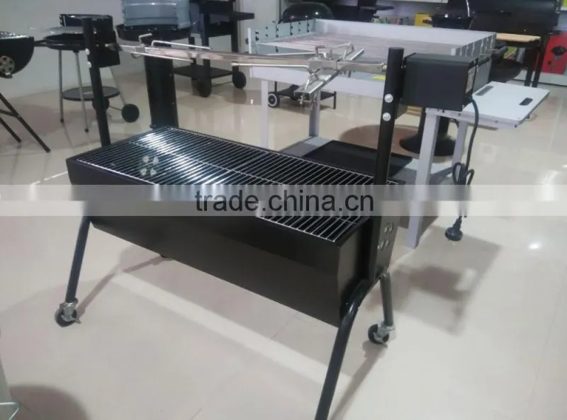 Black steel rectangle small BBQ geill with motor and fork
