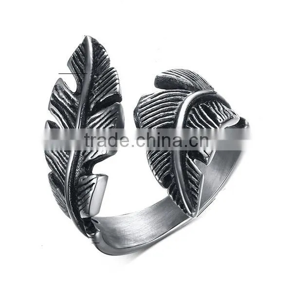 2016 Retro Style Feather Stainless Steel Cuff Ring