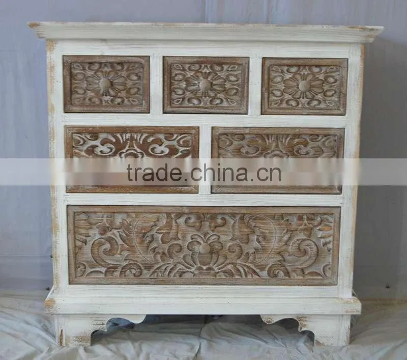 Shabby chic unfinished solid wood treasure chest of drawers with carved door and drawers