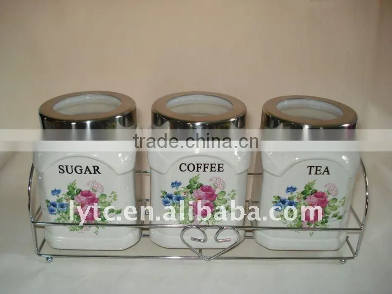 3pcs ceramic tea canisters with iron stand