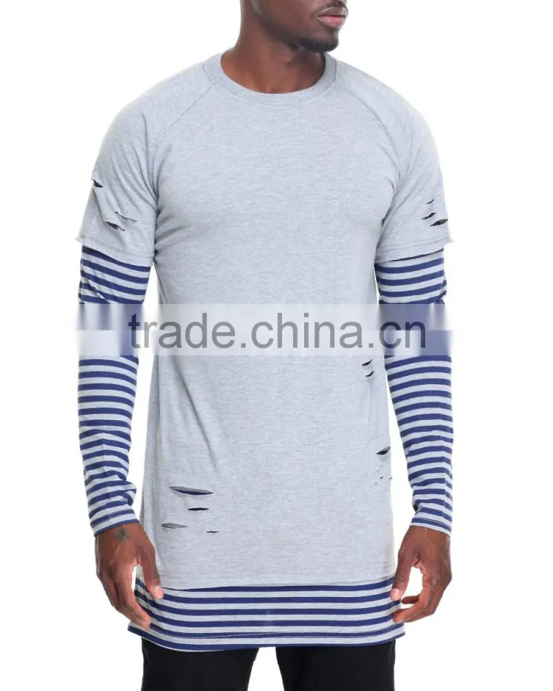 Crew neck tees sleeve color block Stripe Layer men's longline t shirt