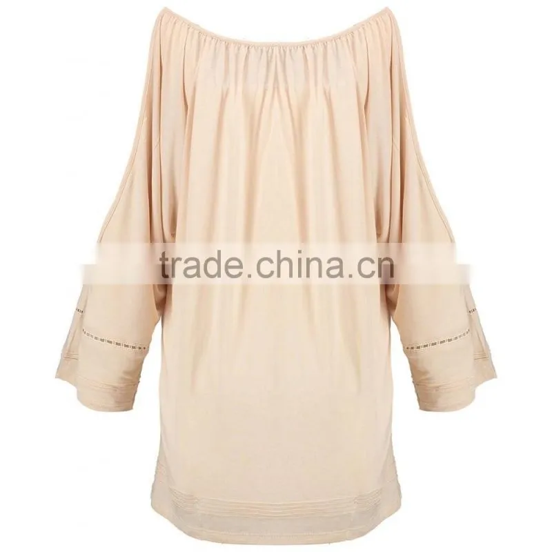 Brand Customzied Linen Plain Beige Blouses Tops For Ladies Casual Cotton Crochet Cold Shoulder Tops