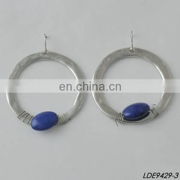 Vintage Curb Chain With Indigo Wood Flat Beads Fish Hook Closure Indigo Long Earring