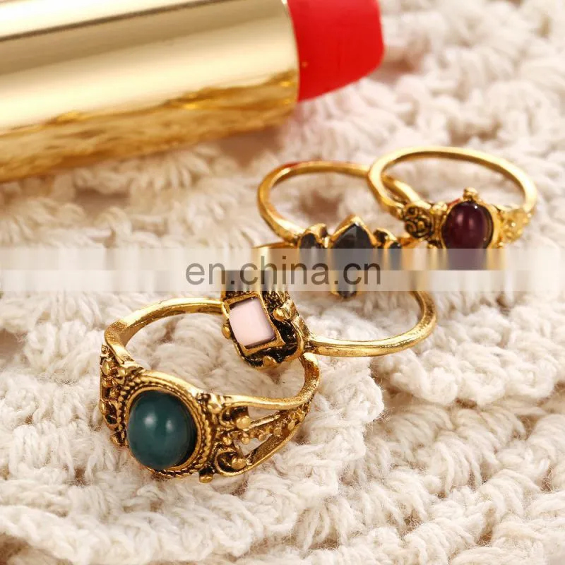 4pcs/set Retro Jewelry Carved Gemstone Finger Knuckle Rings Sets