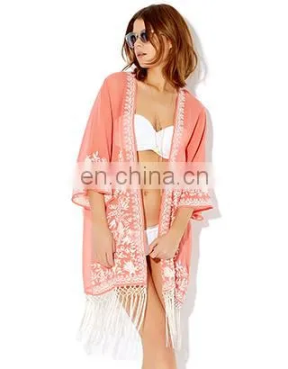 2015 MONOCHROME EMBROIDERED KIMONO Latest beach kimono soft polyester fabric embroidered kimono