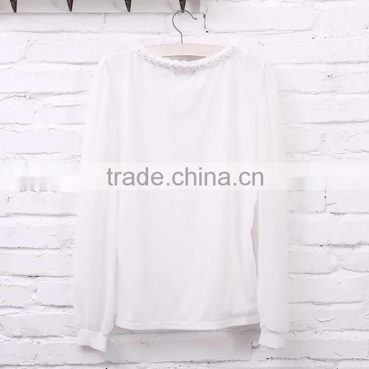 2015 women's T-shirt with long sleeves gauze splicing thin render unlined upper garment to bigger sizes Lace hollow out