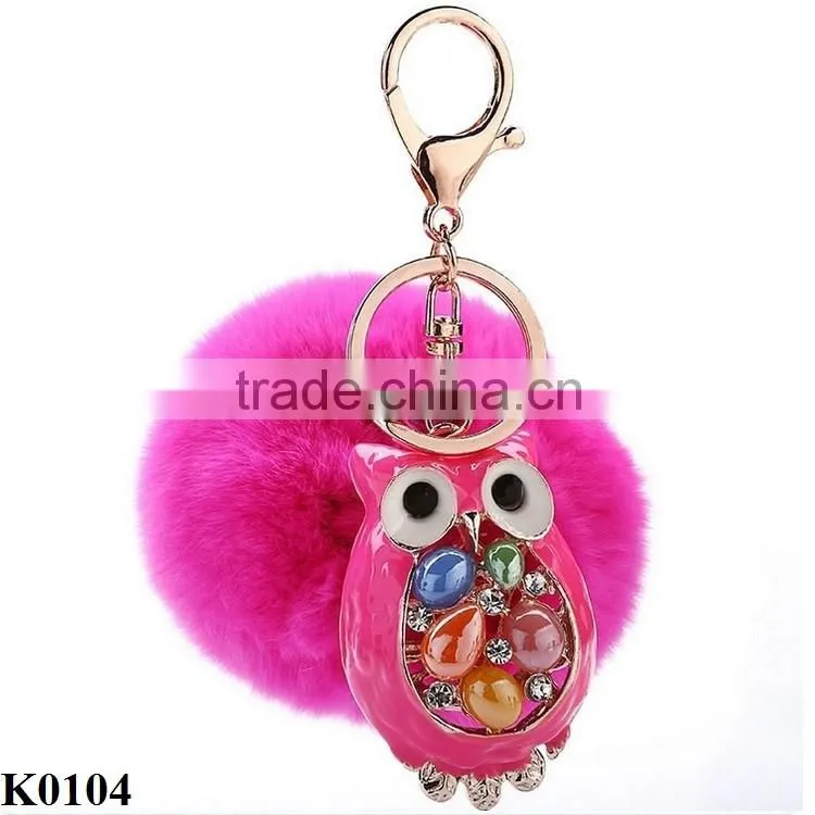 Colored owl keychain fur ball key chain owl with gemstone keychain keyring K0104