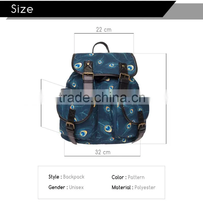 2016 3d printed peacock feather Vintage Canvas Rucksacks Cute School Satchel Rucksack Backpack Campus Bag
