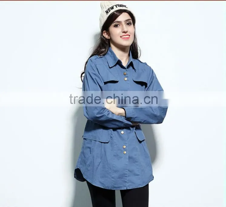 Denim Jacket 2014 New Women Coat Female Long European Full Regular Sleeves Slim metal buttons jean jackets Solid WholeSale