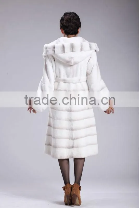 hooded spray painting rex rabbit fur coat with mink trim