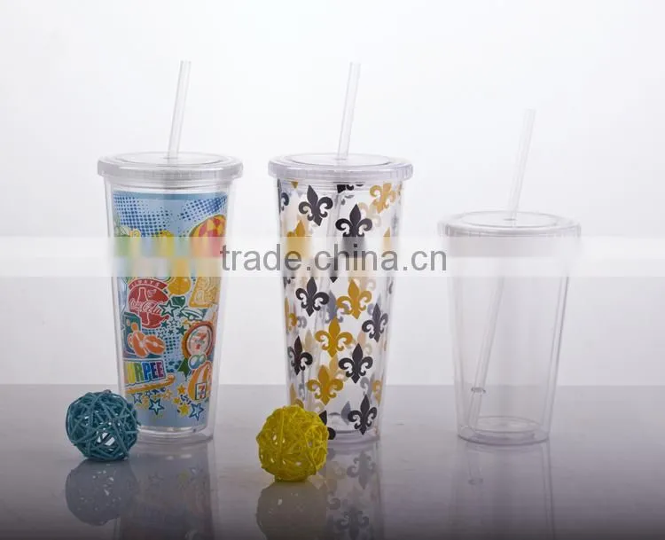 AS Material Double Wall 450ML BPA free Plastic Cup with Straw - Pink Color