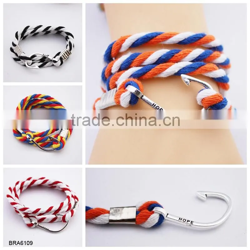 Wholesale Antique Braided Cotton Rope Silver Anchor Charm Bracelet