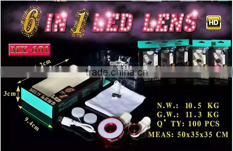 12 LED Camera Flash Fill Light 6 in 1 USB Selfie LED Spotlight for smartphone with fish eye lens wide angle lens microspur lens