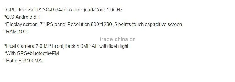 7 inch Intel SoFIA 3G-R Quad-Core 800*1280 IPS screen 3400mah tablet pc