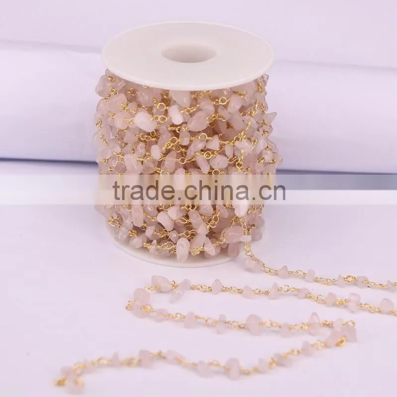 Rose Quartz Chip Beads Gem stone Chain, Golden plated Brass Wire Wrapped Rosary style Chains