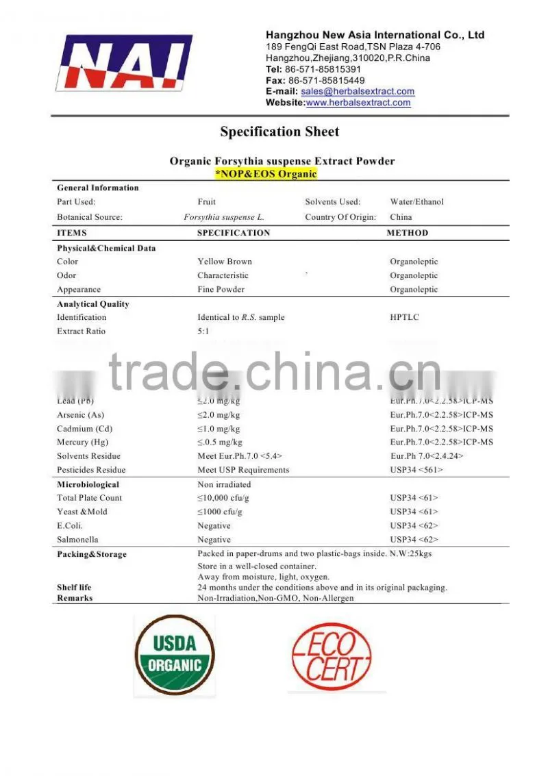Organic Forsythia suspense Extract Powder,NOP EOS Organic,100% ID,Non-Irradiation,Low Contaminants of Aflatoxin,PAHs,Heavy Metal