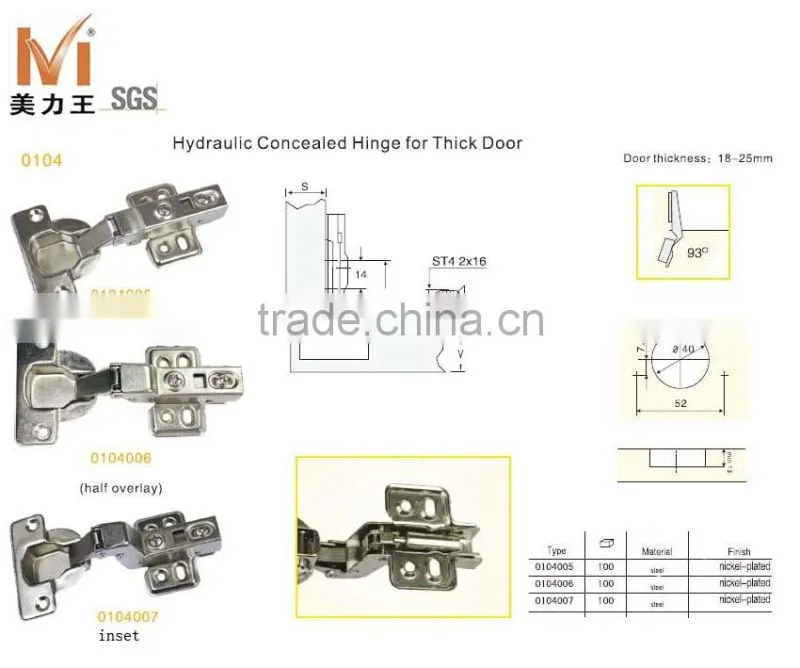 Hydraulic buffering concealed hinges with 40mm cup for thick door