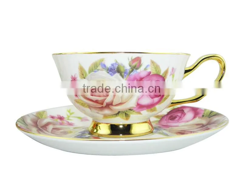 High Quality 200ml Bone China European Style Flower Pattern Coffee Mug with Saucer Set for Valentines Gift